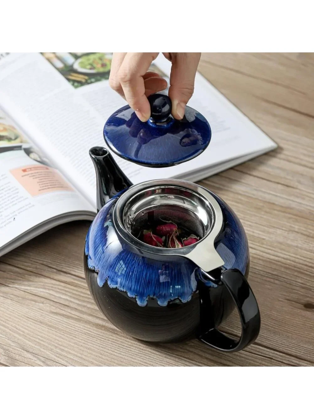 Nebula Blue Ceramic Kitchen Teapot with Infuser 34OZ 6 Cups Loose Tea Strainers